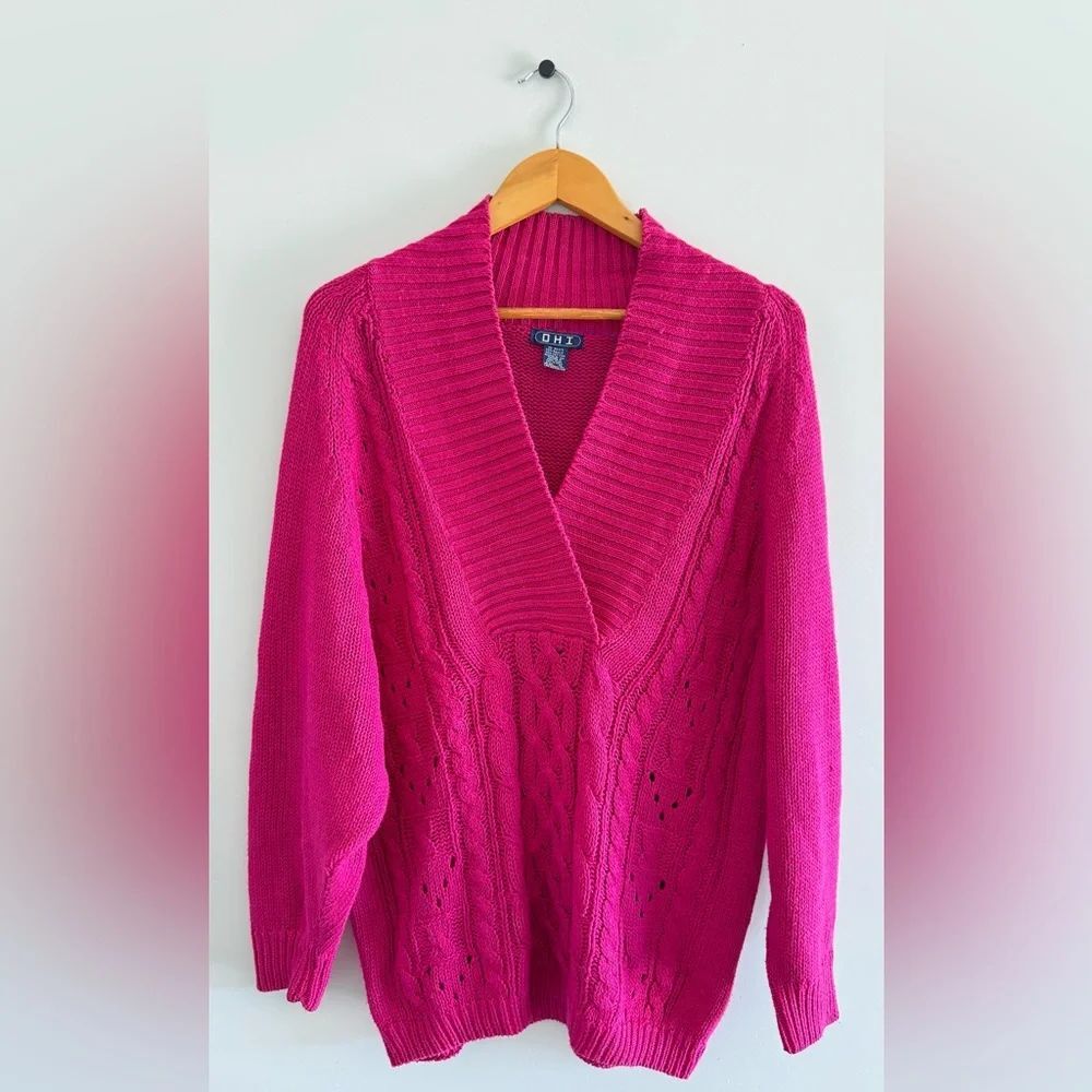 OHI Vintage Y2K Cable Knit Sweater Pink Deep V Neck Fit Sleeves slouchy style M
